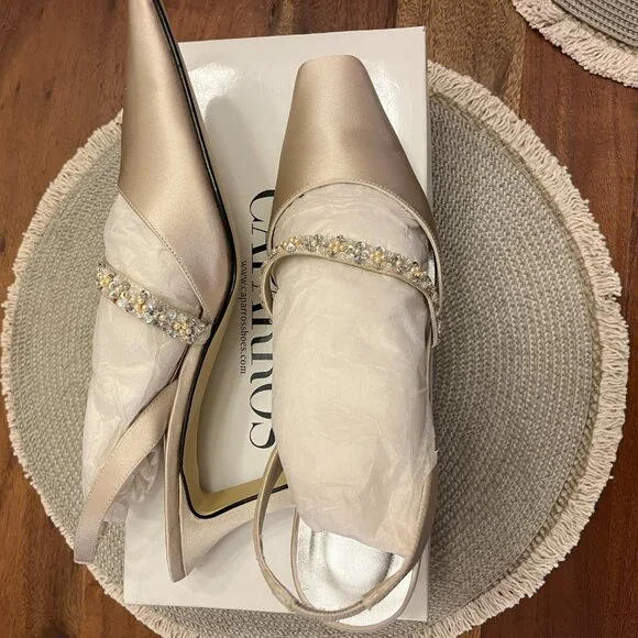 VINTAGE Caparros Evening Bridal Champagne Silk/Satin Slingbacks - 8M - Picture 8 of 13